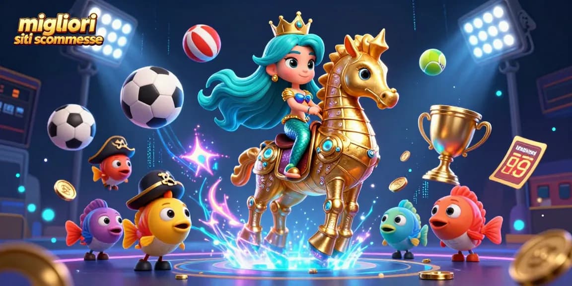 Scommetti nei migliori siti scommesse con questa illustrazione vivace di una principessa sirena e un cavalluccio marino dorato.