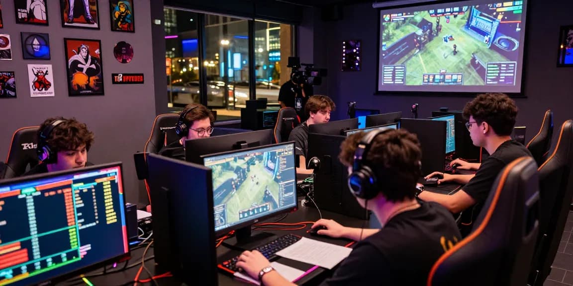 Esports betting PBN links strategy session at a vibrant gaming venue with players and fans.