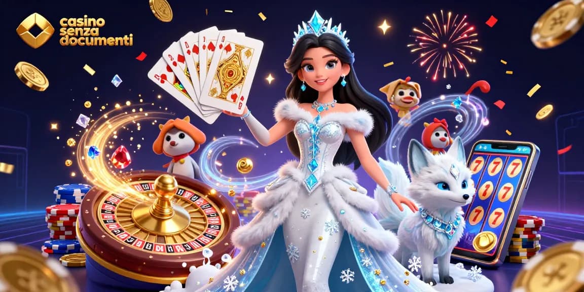 Gioca a giochi dinamici nei casino senza documenti con monete d'oro, roulette e personaggi vibranti.