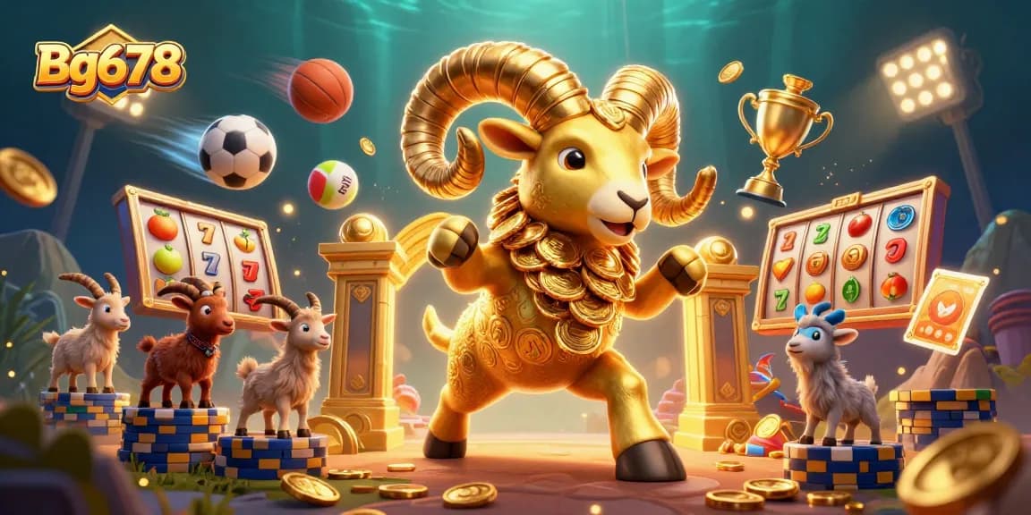 Bg678 showcases a thrilling slots scene featuring a golden ram and dynamic gaming elements.