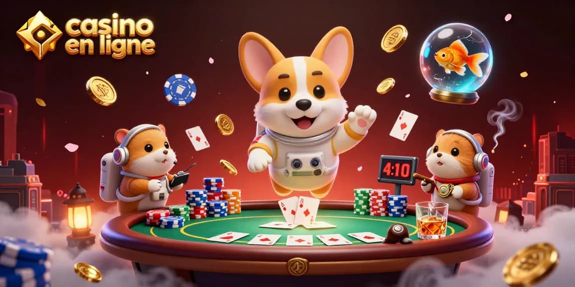 Plongez dans l'univers du casino en ligne avec ce chien astronaute flottant et des jetons, tout en jouant à des jeux captivants.