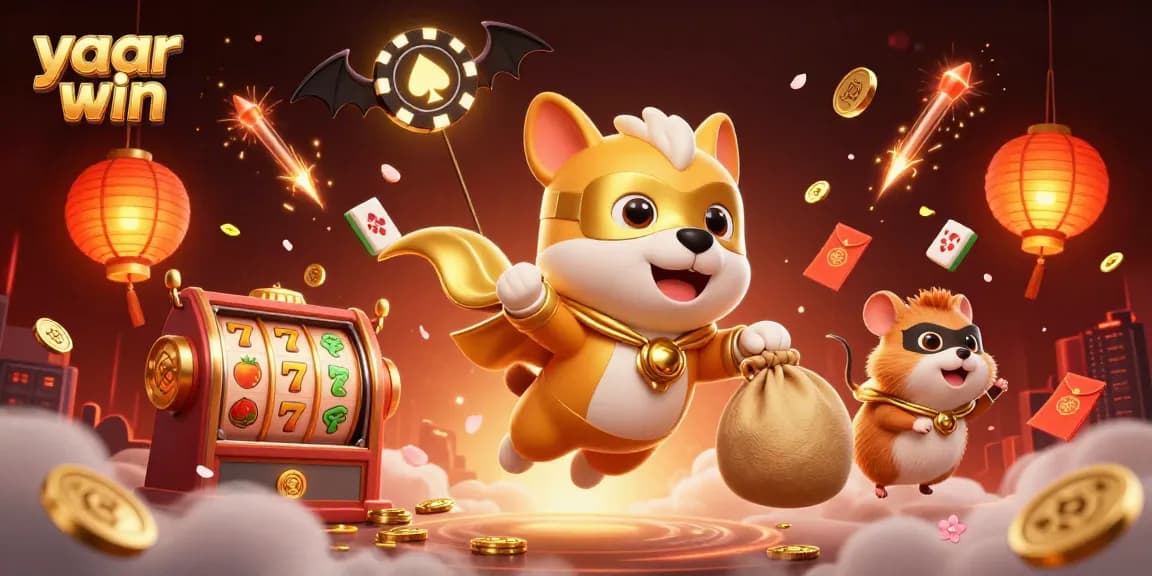 Win big with yaar win featuring a superhero dog and slot machine riches in vibrant 3D illustration.