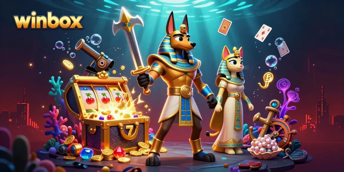 Experience winbox' exciting jackpots with Anubis and Bastet amidst treasure and glowing symbols