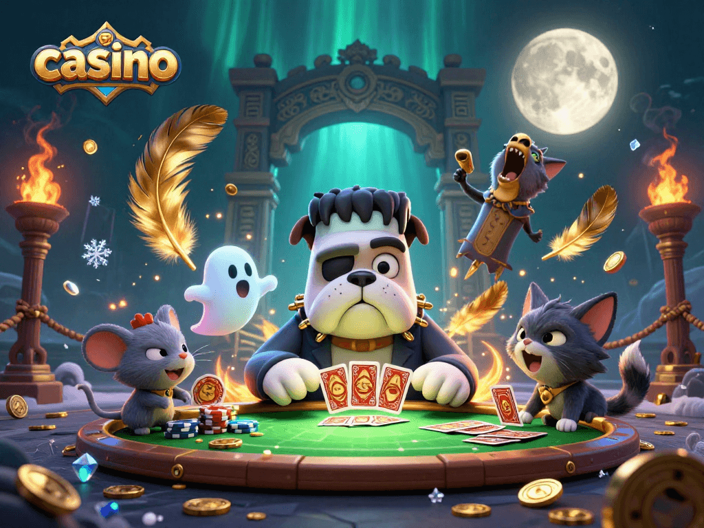 Engage in casino card games with a lively Frankenstein bulldog and a ghost mouse in a spooky setting.