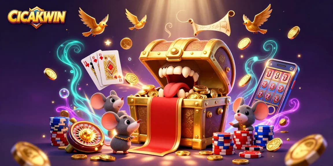 CICAKWIN showcases vibrant 3D casino riches attracting adventurer mice amidst golden treasure and dynamic gaming elements.