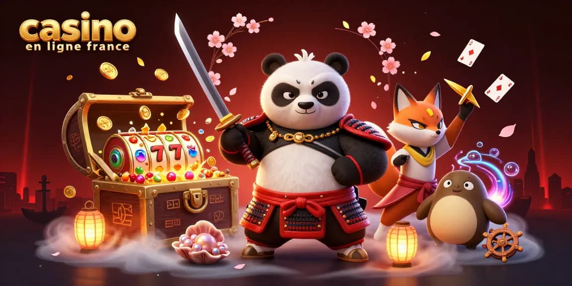 Découvrez l'excitation du casino en ligne France avec notre illustration de jeu captivante mettant en vedette un panda samouraï et un renard ninja.