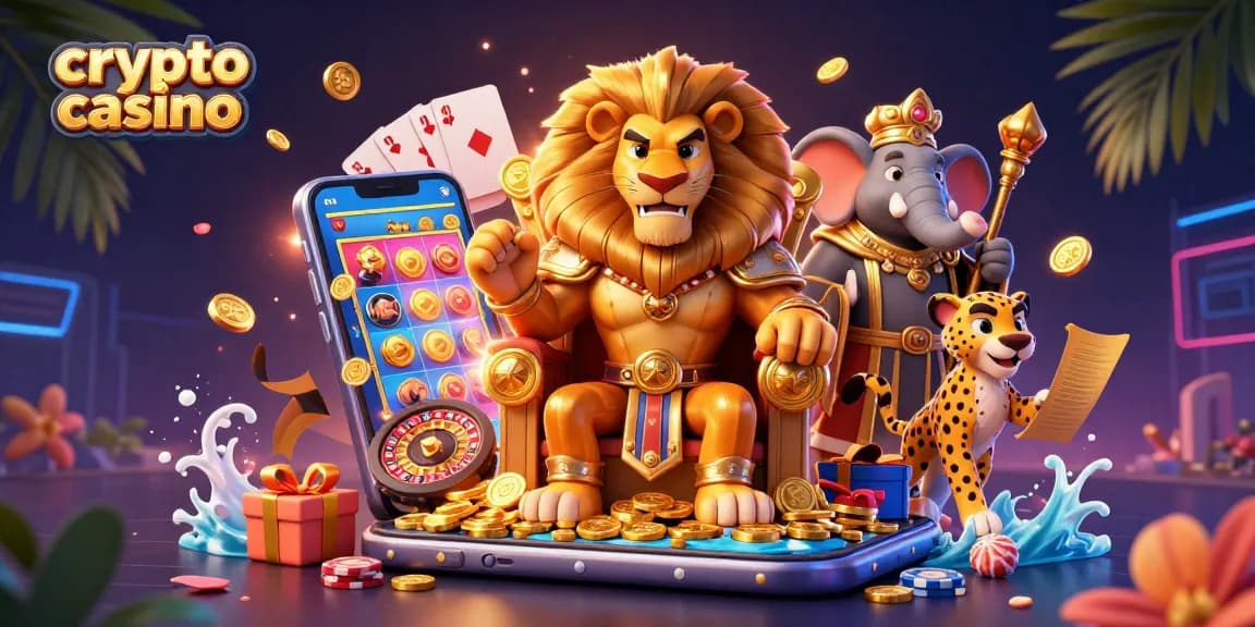 Le casino crypto captivant avec un lion roi en armure, un éléphant sage et un guépard messager, entourés d'éléments de jeu dynamiques.