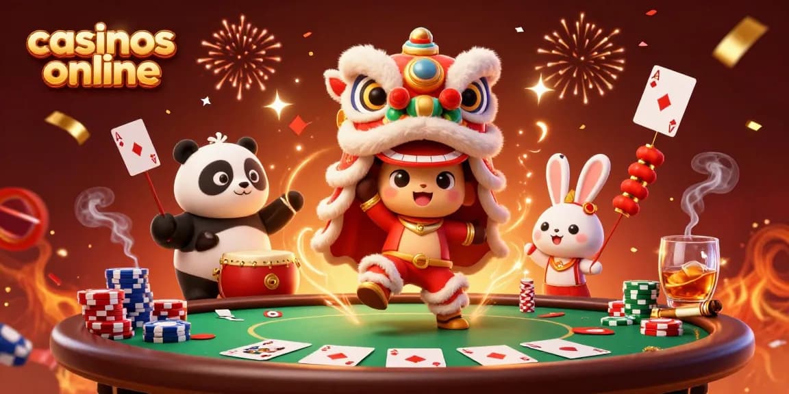 Interacción emocionante en casinos online con un león danzante y un panda en la mesa de juego.