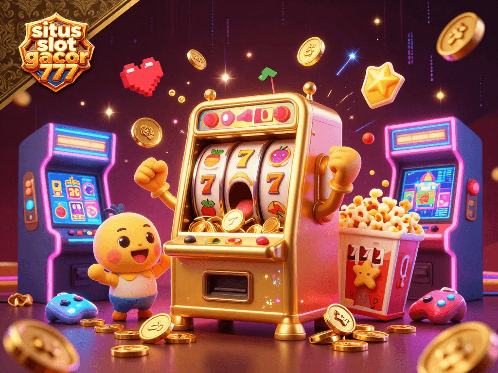 Situs slot gacor 777 showcases a golden slot machine hitting the jackpot amidst cheerful baby machines and arcade elements.
