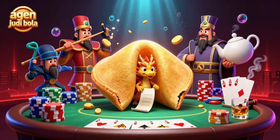 A captivating illustration showcasing agen judi bola elements with mythical characters guarding a poker table, enhancing the gaming atmosphere.