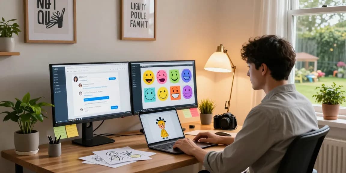 Interactive home office scene featuring NSFW AI chat tools, vibrant atmosphere, and creative workspace elements.