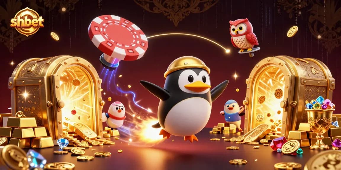 Join the exciting journey of shbet where a golden penguin fuels the thrill with coins in a vibrant casino-themed space.