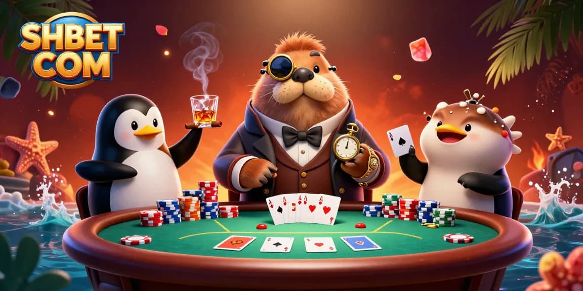 Experience the thrill of SHBET COM at an underwater poker table with vibrant characters and casino elements
