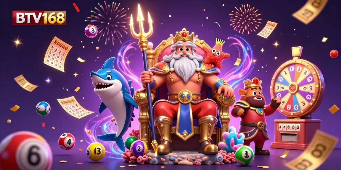 BTV168 brings excitement with vibrant lottery elements and characters in a magical casino scene.