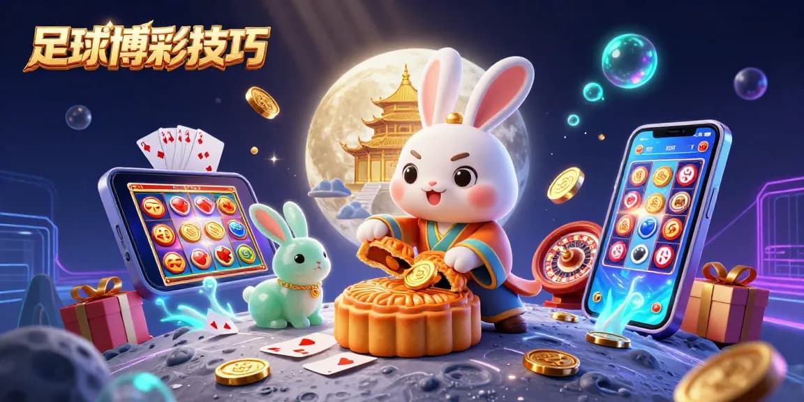 探索足球博彩技巧，兔子在月亮上製作金色的月餅，內藏撲克籌碼，賭博氛圍濃厚。