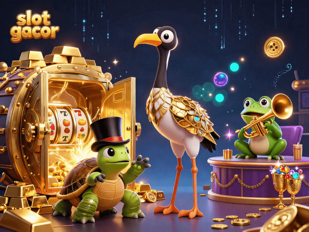Engage with slot gacor excitement through a vibrant casino-themed illustration with lively characters.