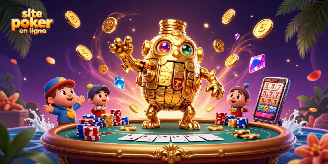 Jouer au site poker en ligne avec un golem d'or et des jetons colorés en action.