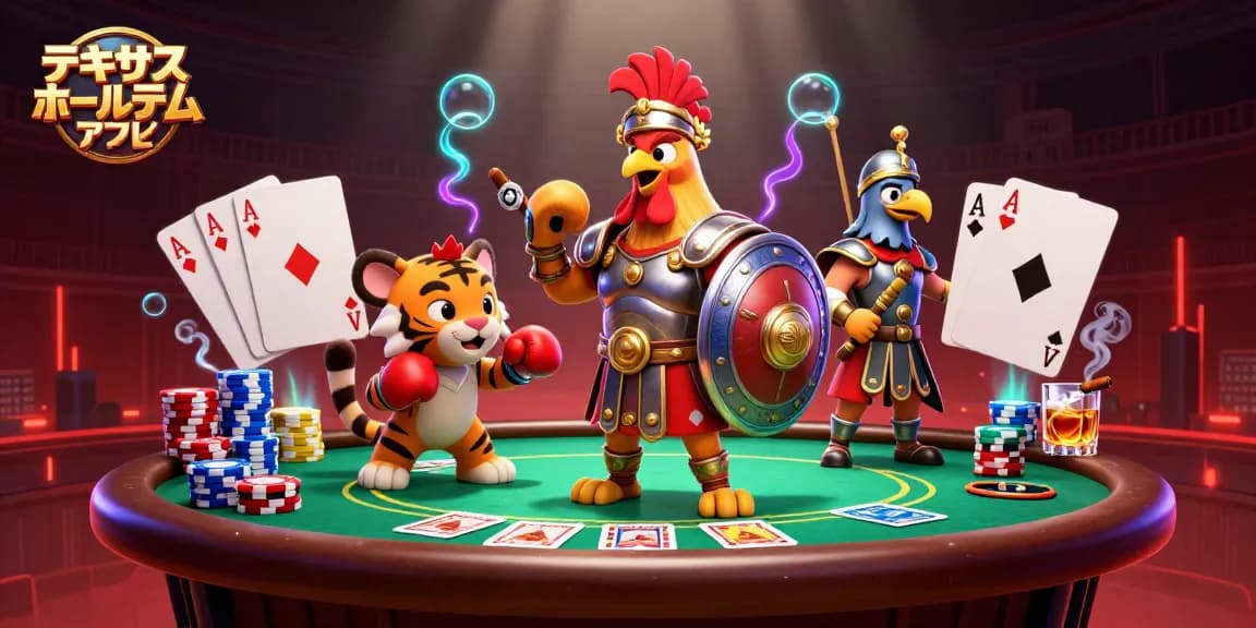 テキサスホールデム アプリを体験する3Dキャラクターのポーカーシーン。