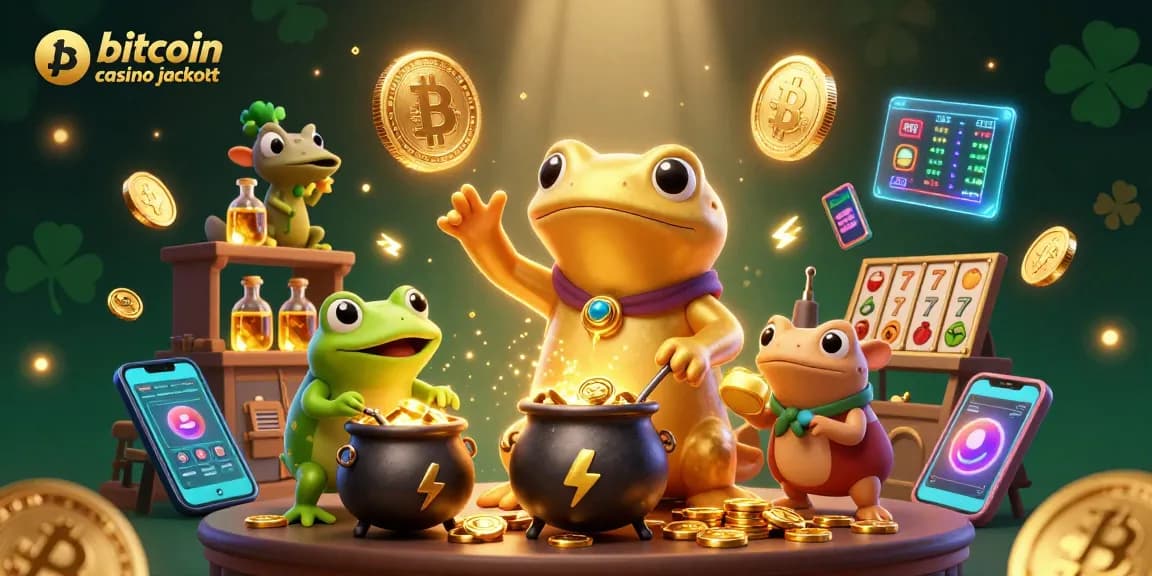 Engage with the bitcoin casino jackpot through a vibrant casino-themed 3D illustration featuring magical characters.