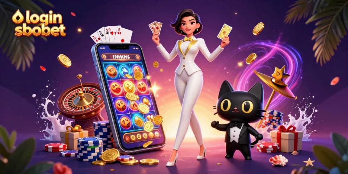 Engage in thrilling games with login sbobet, showcasing a glamorous dealer, mobile gaming, and casino elements.
