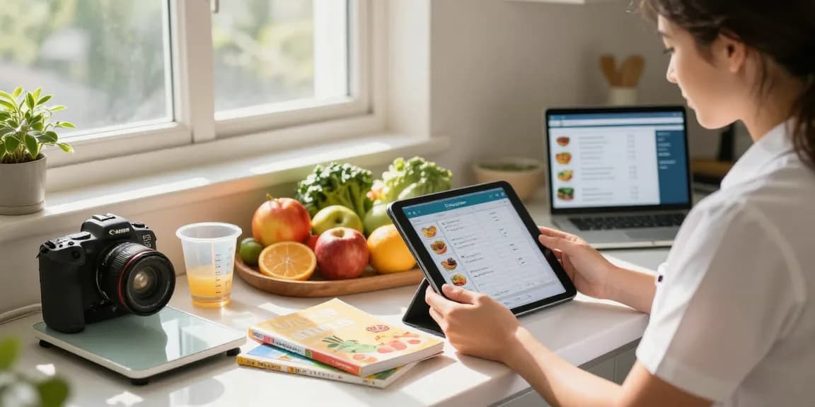The best food tracking apps analyzed in a bright kitchen scene with a nutritionist reviewing logs and fresh ingredients.
