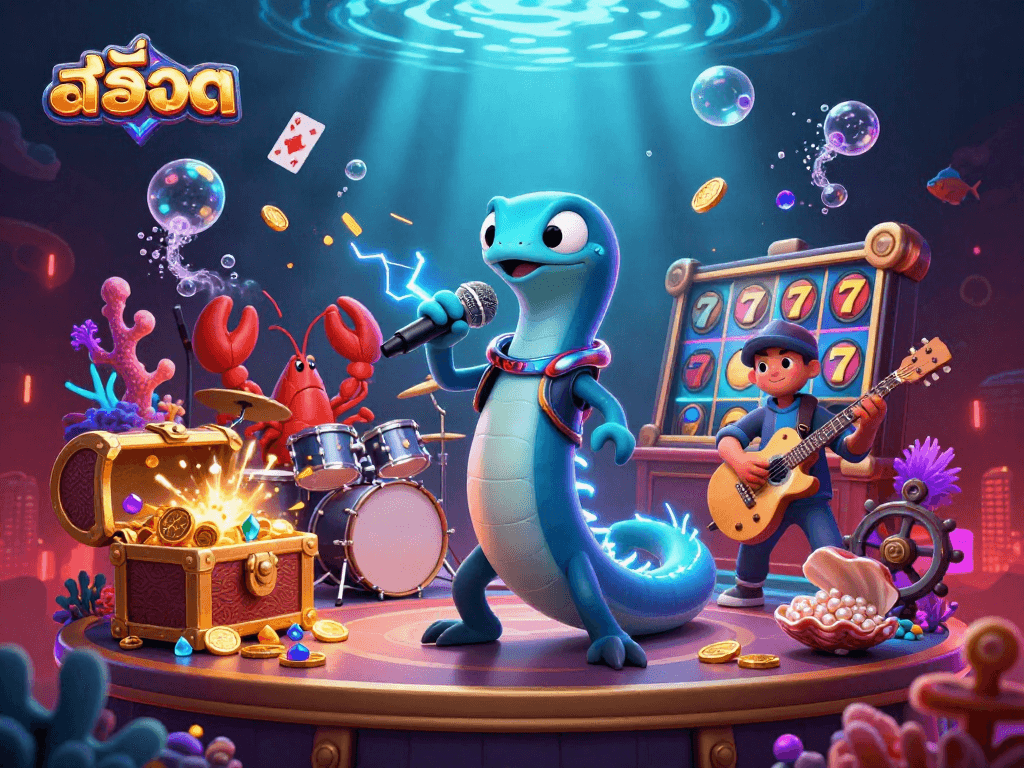 Engage inสล็อต slot riches with a vibrant underwater DJ scene featuring an electric eel.