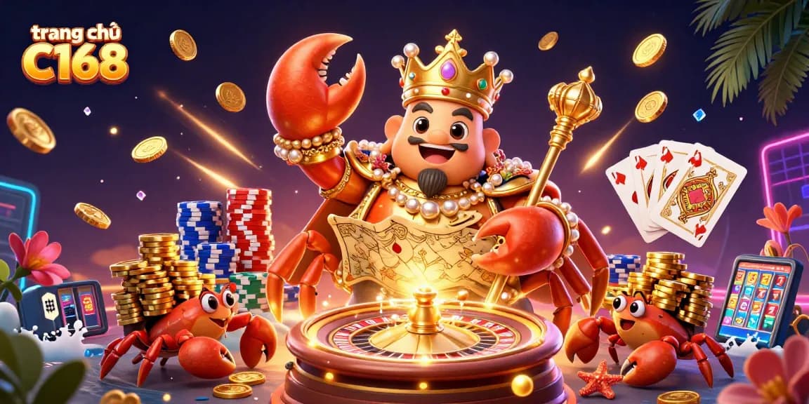 Cascading golden prizes at trang chủ C168 feature a majestic crab emperor guiding players to thrilling wins.