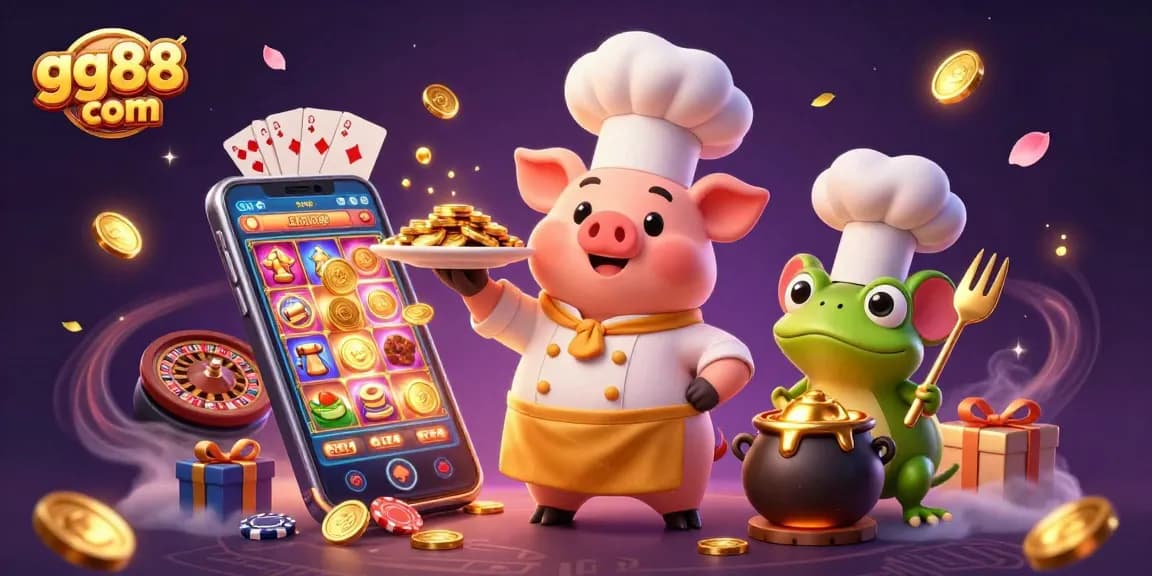Play at gg88 com and win gold coins in this vibrant casino-themed scene.
