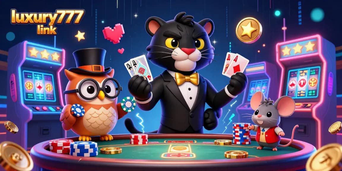 Engage with the luxury777 link in an animated casino scene featuring 3D characters and vibrant game elements.