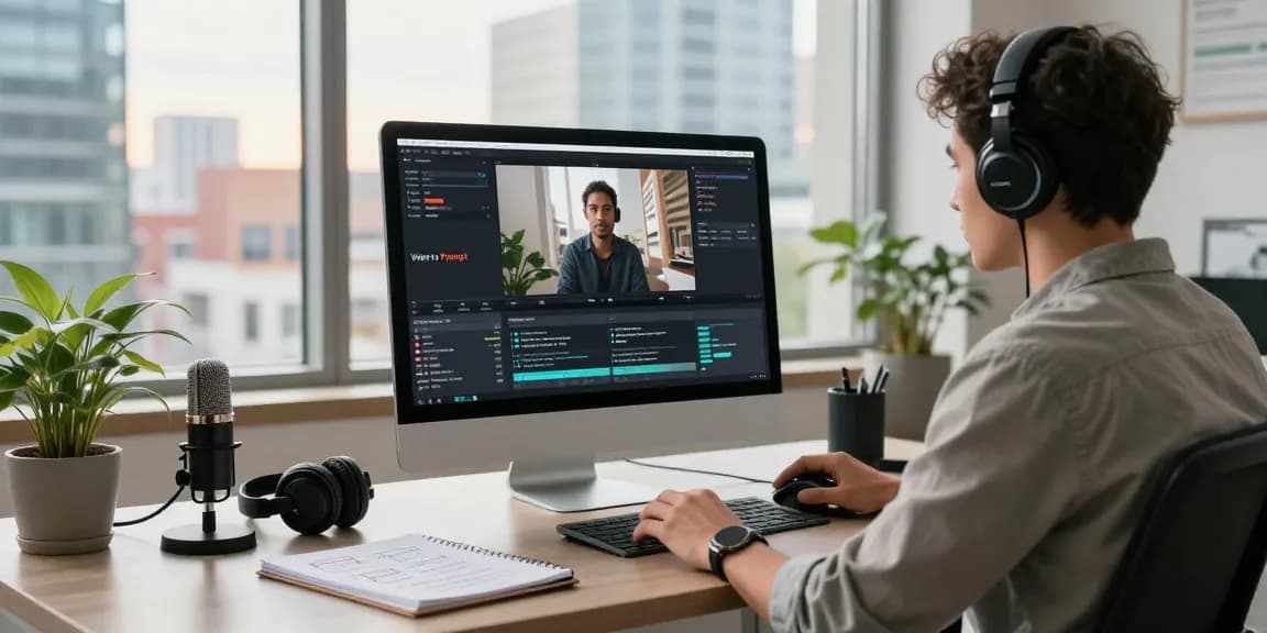 Professional using video to prompt tool in a modern workspace with AI-generated prompts on screen, creating engaging video content.