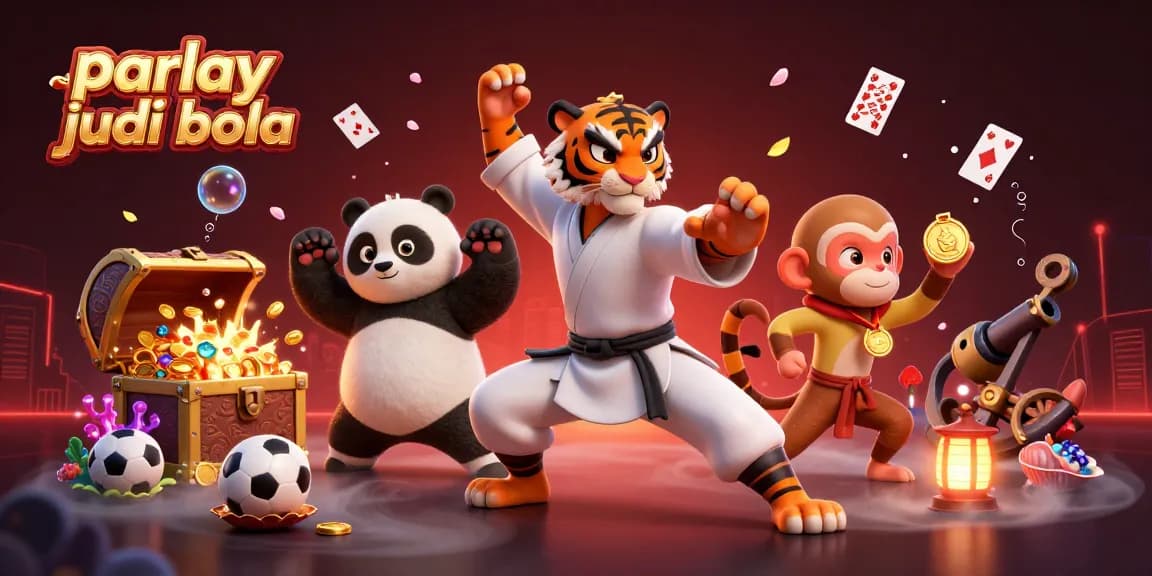 Engage in parlay judi bola with dynamic sports betting action featuring tiger, panda, and monkey.