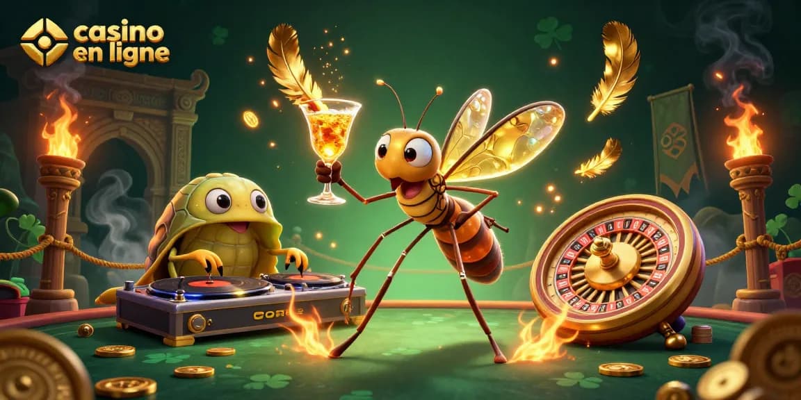 Jouez au casino en ligne avec des personnages uniques dans une scène dynamique remplie de jeux