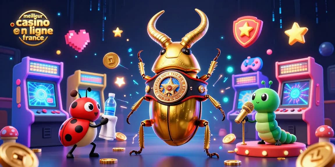 Jouer au meilleur casino en ligne France, avec des personnages de jeux animés entourés de machines à sous et d'effets lumineux.