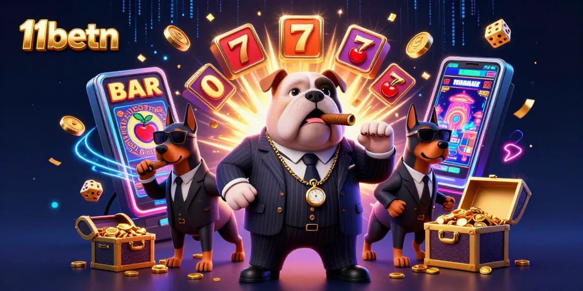 11betn showcases an exciting casino scene with a bulldog mafia boss and dynamic game elements.