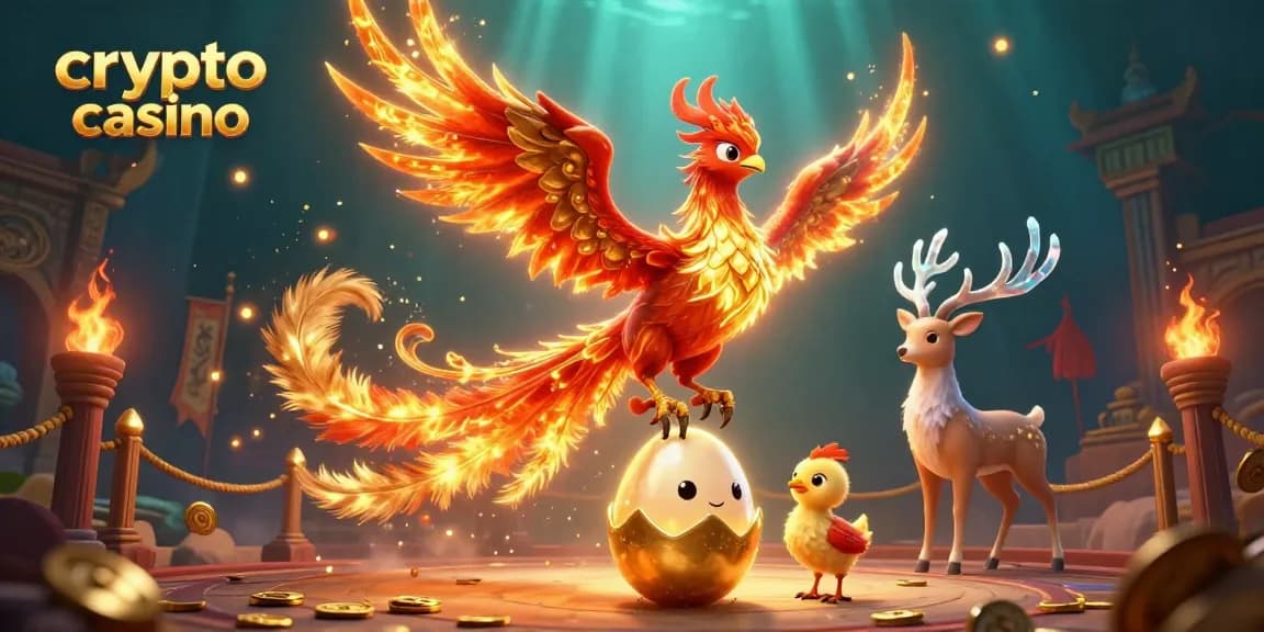 Giocatori nel crypto casino: una fenice di fuoco, un pulcino d'oro e un cervo magico creano un'atmosfera di vincita avvolta da particelle dorate.