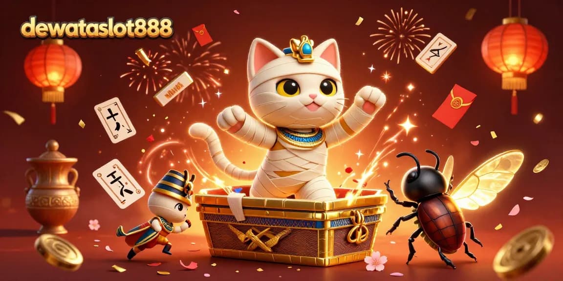 Permainan kartu di dewataslot888 ditampilkan dengan karakter kucing mummy dan efek berkilau yang menarik.