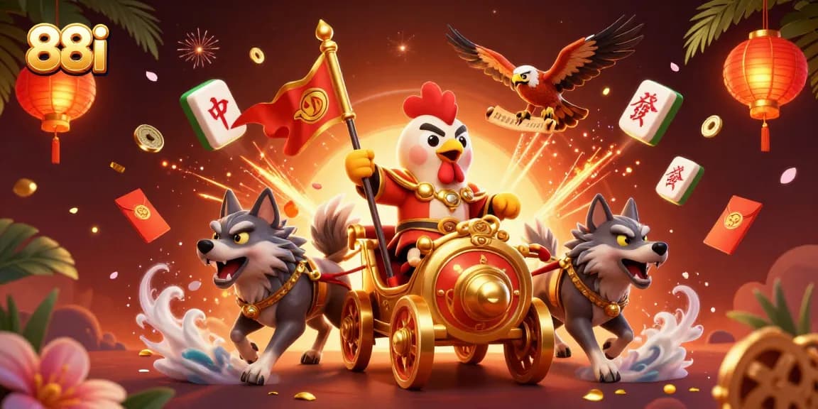 Experience dynamic gambling action with 88i as a rooster warlord leads across a vibrant casino scene.