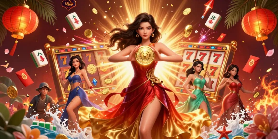 Experience thrilling gambling excitement with UFABET at a vibrant online casino illustration featuring captivating Asian symbols.