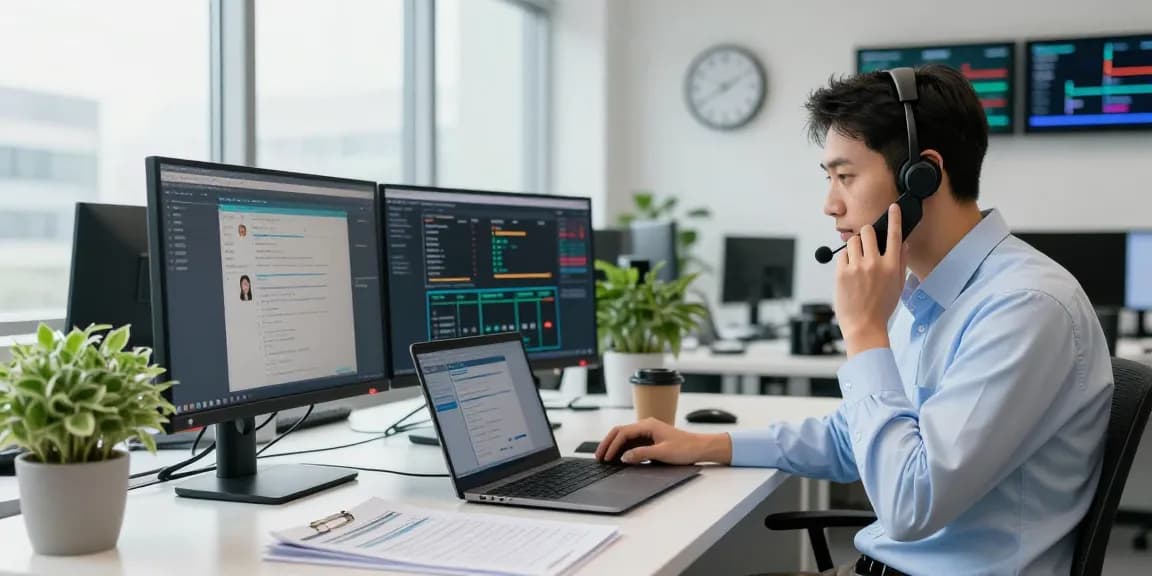 Focused technician providing Telus-Technical-Support through phone call amid multiple monitors in a vibrant workspace.