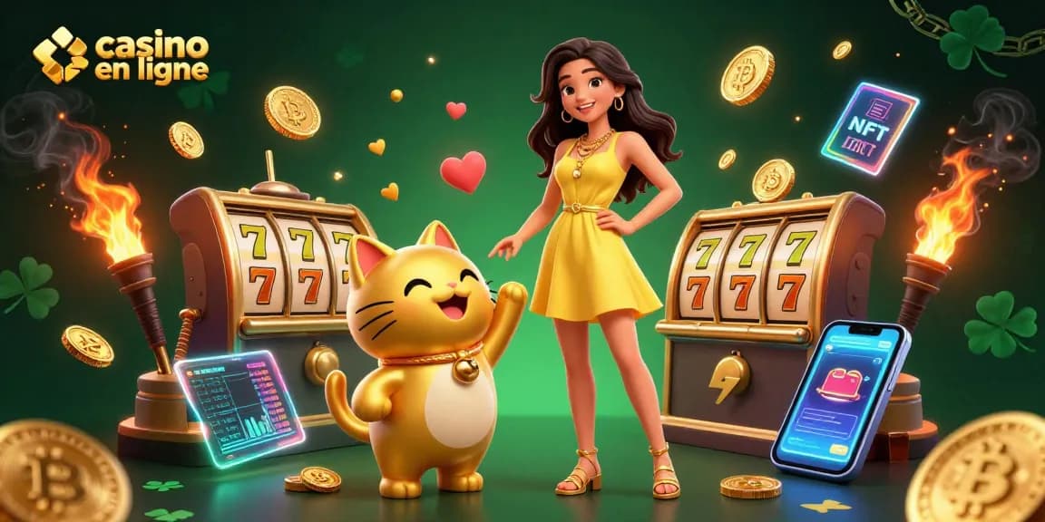 Experience the excitement of casino en ligne with this vibrant 3D illustration, showcasing a cheerful woman, lucky cat, and slot reels.