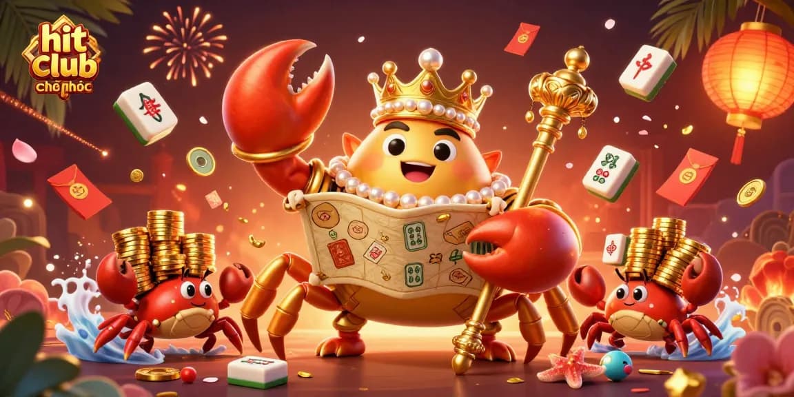 A 3D illustration of hit club chính thức featuring a golden crab emperor amidst vibrant gaming elements, celebrating casino culture.