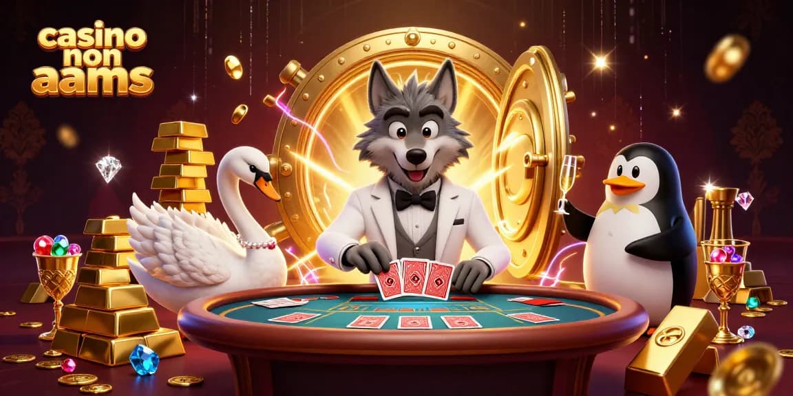 Giocando al casinò non AAMS con un lupo, un cigno e un pinguino sommelier in un'atmosfera ricca di oro e gemme.