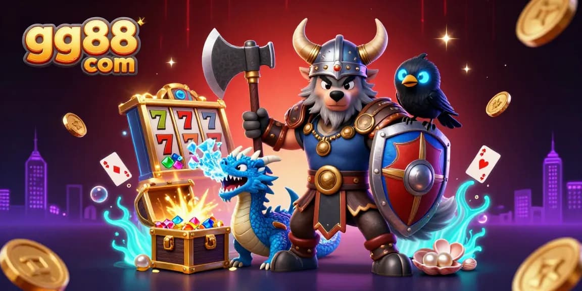 Engage with the vibrant scene of gg88 com, showcasing a Viking warrior and dragon amidst colorful casino elements.