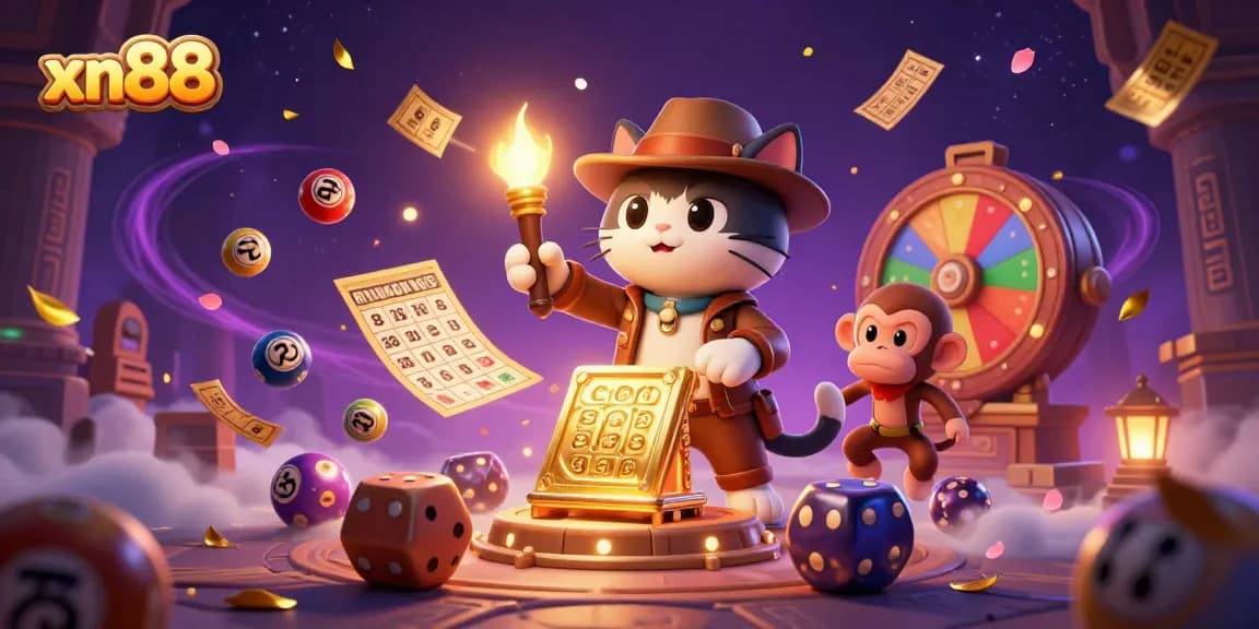 Engage with xn88's vibrant 3D illustration of a cat explorer uncovering casino artifacts with a monkey amidst dynamic gambling elements.