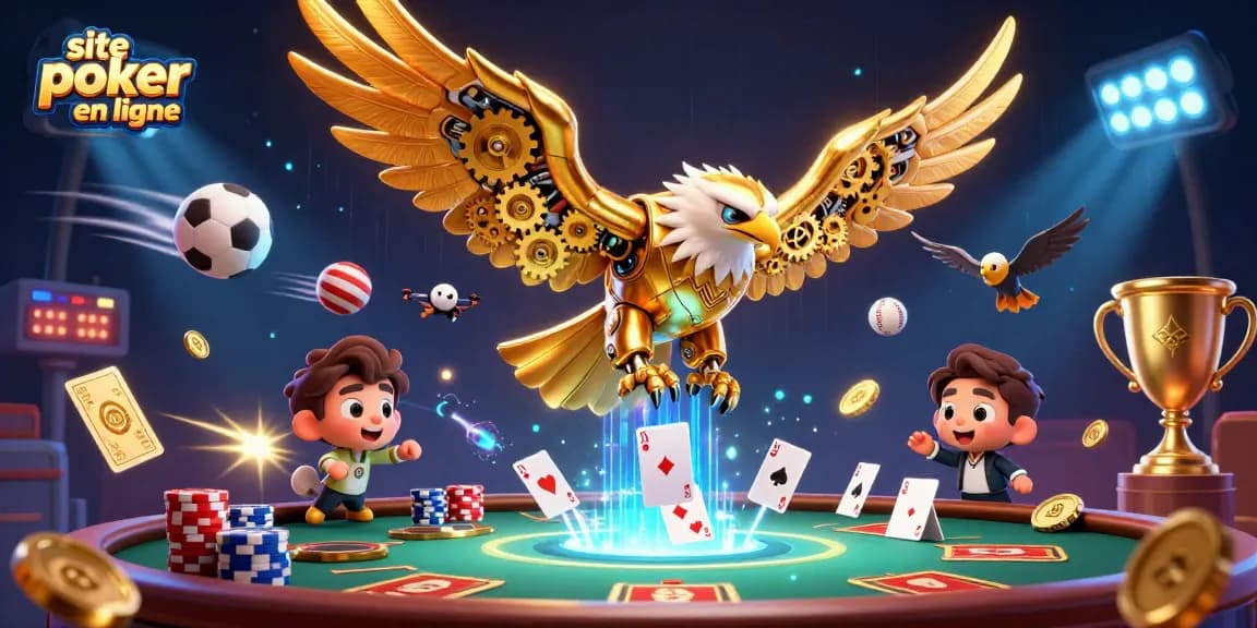 Jouer au site poker en ligne avec une scène enrichie d'aigles cybernétiques et de jeux de cartes holographiques.