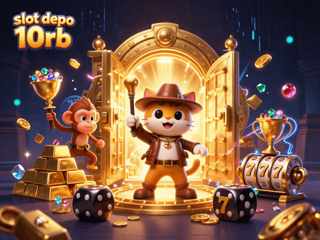 Engaging scene showcasing 'slot depo 10rb' with a cartoon archaeologist cat, slot reels, and treasure.