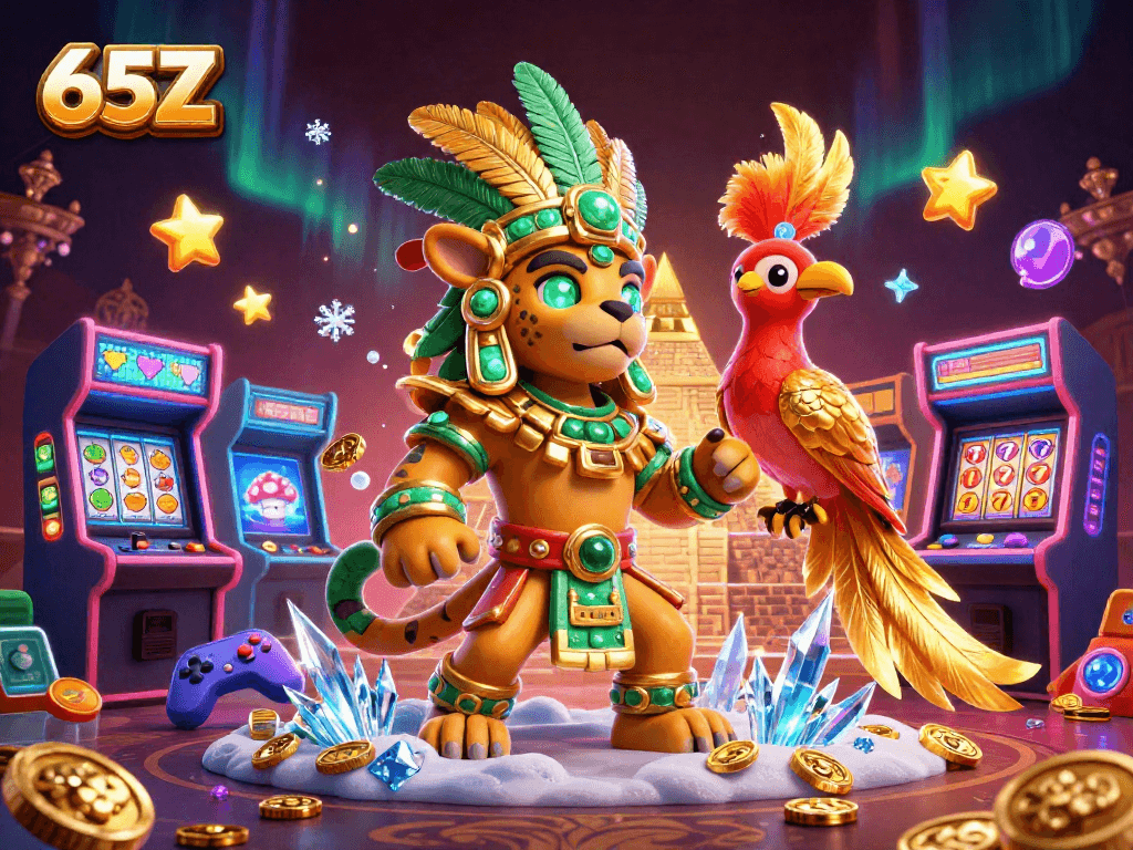 Atraia grandes jackpots com 65Z, uma cena de cassino vibrante com um sacerdote maia e máquinas de jogos.