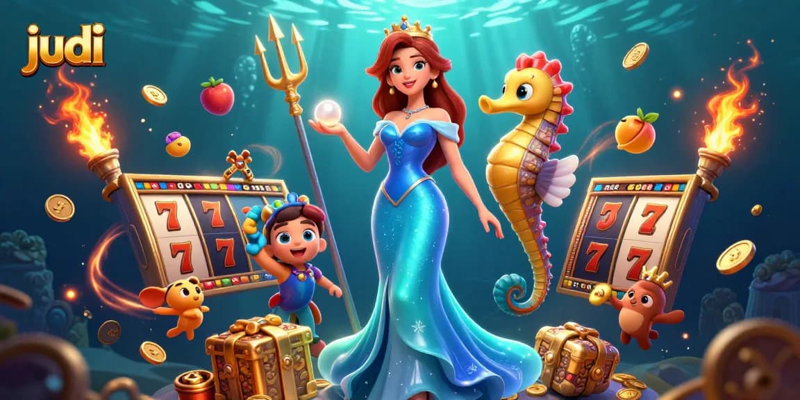 Experience judi excitement with vibrant slot reels and glowing treasures in this captivating underwater scene.
