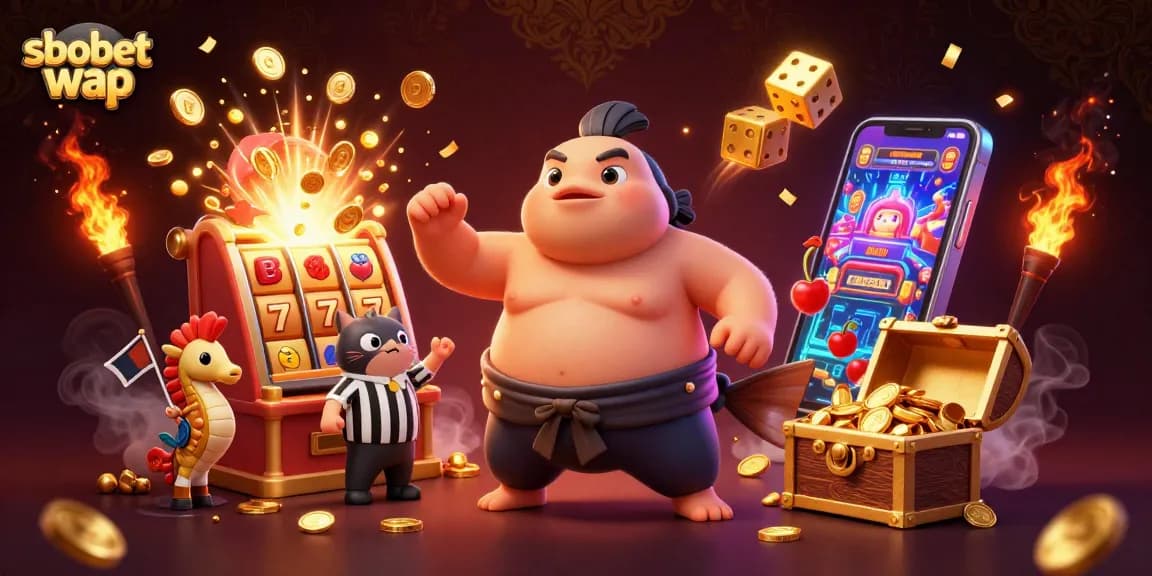 Experience sbobet wap with vibrant casino action featuring a blowfish, catfish referee, and dynamic betting icons.