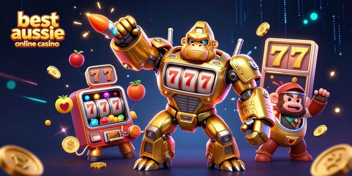 Experience the thrill of the best aussie online casino with a striking 3D illustration of action-packed slot elements.